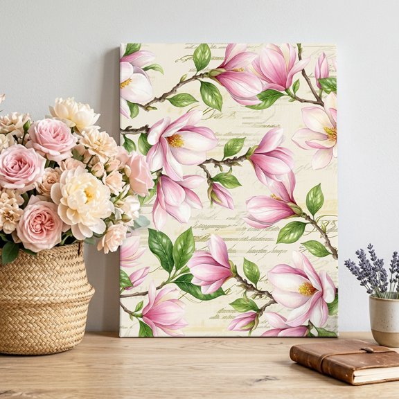 Pink Magnolia Canvas Wall Art, Floral Branches Leaf Botanical Newspaper Texture Framed Canvas Wall Decor Picture Print Artwork Decorations for Living Room Office Ready to Hang 28" x 22"
