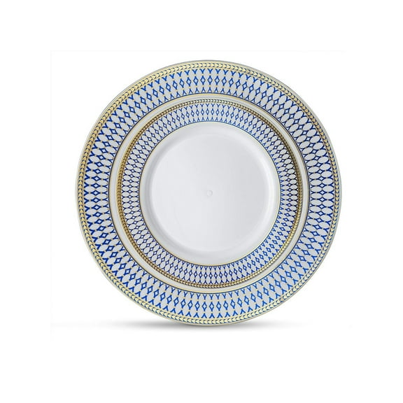 Party Source 10 inch White w/ Blue and Gold Border Plastic Party Plate Pack of 10