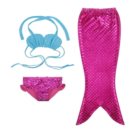 3PCS Girl Kids Mermaid Tail Swimmable Bikini Set Bathing Suit Fancy Costume Rose red 3-4