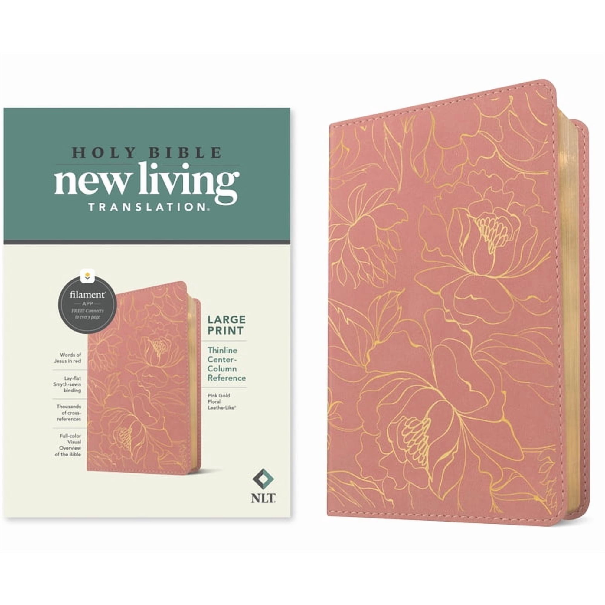 NLT Large Print Thinline Center-Column Reference Bible, Filament Enabled (Leatherlike, Pink Gold Floral, Red Letter), (Hardcover)