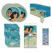 Aladdin Birthday Party Supplies Bundle includes 16 Lunch Paper Plates, 16 Lunch Napkins, 1 Table Cover, 1 Dinosaur Sticker Sheet