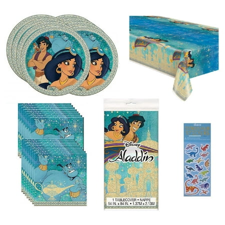 Aladdin Birthday Party Supplies Bundle includes 16 Lunch Paper Plates, 16 Lunch Napkins, 1 Table Cover, 1 Dinosaur Sticker Sheet