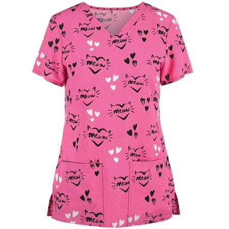 

UDAXB Womens Nursing Scrub Tops Valentine s Day Love Heart Printed Working Uniform Short Sleeve V-Neck Workwear Blouse T-shirt with Pockets