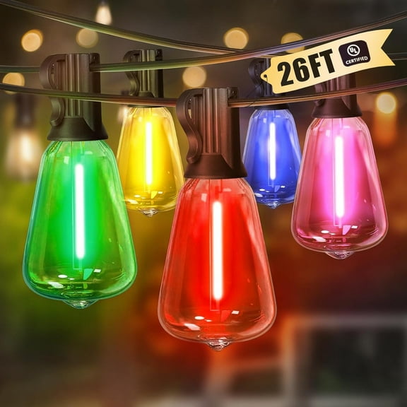26Ft ST38 Outdoor String Lights, Multicolor Patio Lights with 12 1 ST38 Edison Colorful Bulbs, LED Shatterproof Colorful String Lights for Outside Bistro Christmas Patio Party Decorations