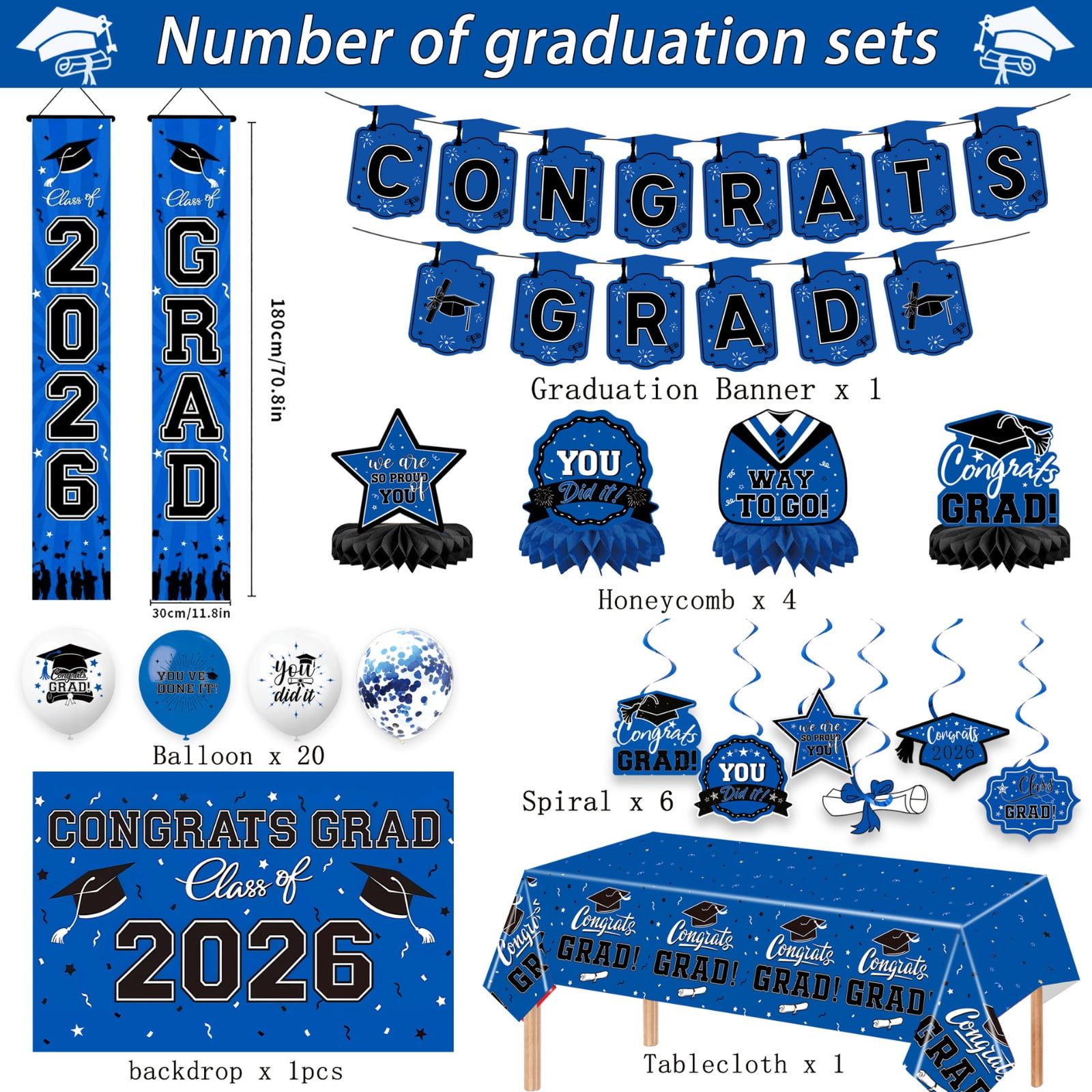 Graduation Party Decorations 2026, Blue and White Balloons, Graduation Cap Decorations Kit, Class of 2026 Decorations, Honeycomb Centerpieces, Hanging Swirls, Vinyl Table Cover,