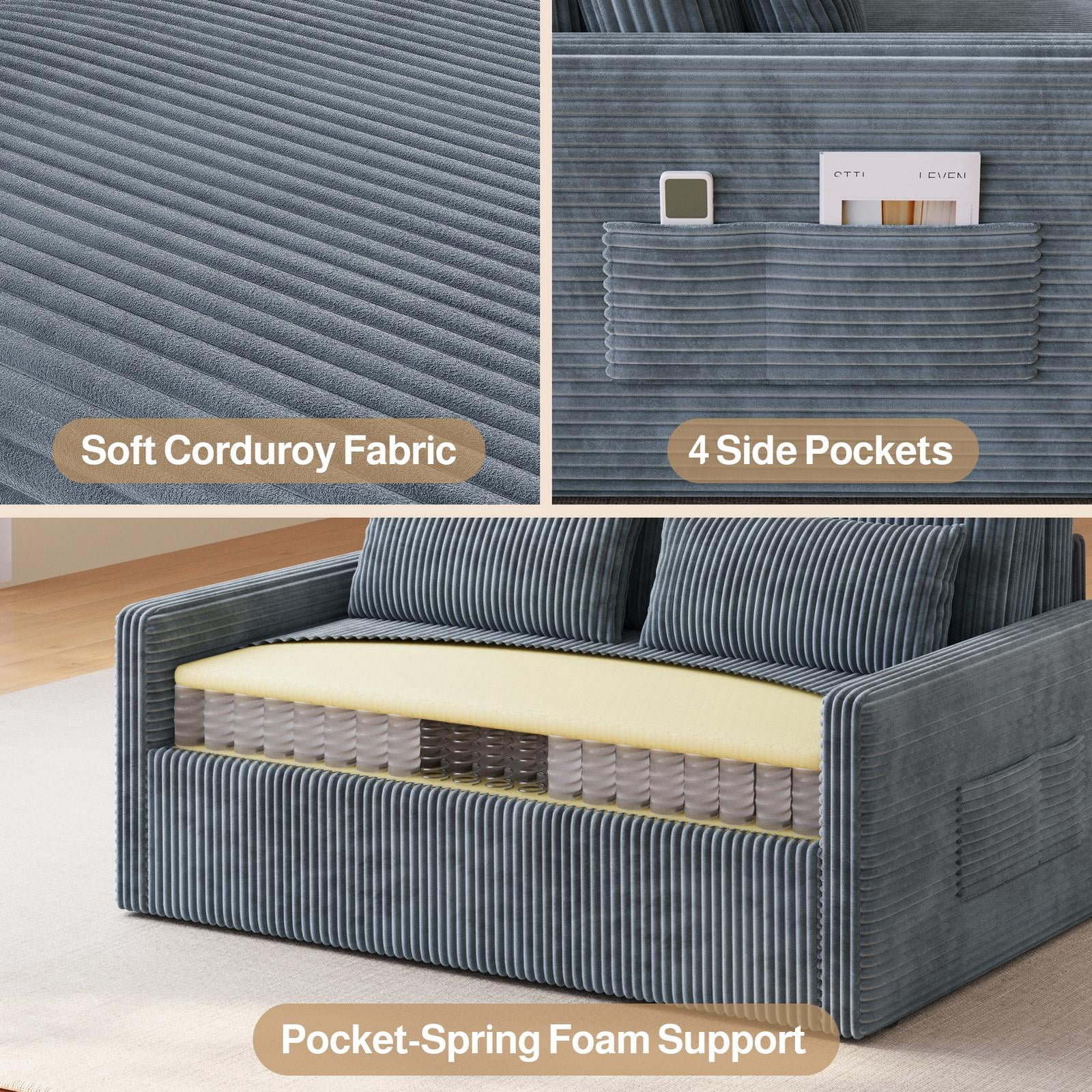 Noelse 3 in 1 Convertible Sofa Bed, Pull Out Sleeper Sofa Chair with Corduroy Upholstery, Space-Saving Loveseat Sleeper Bed for Living Room, Bedroom, Apartment, Dark Gray
