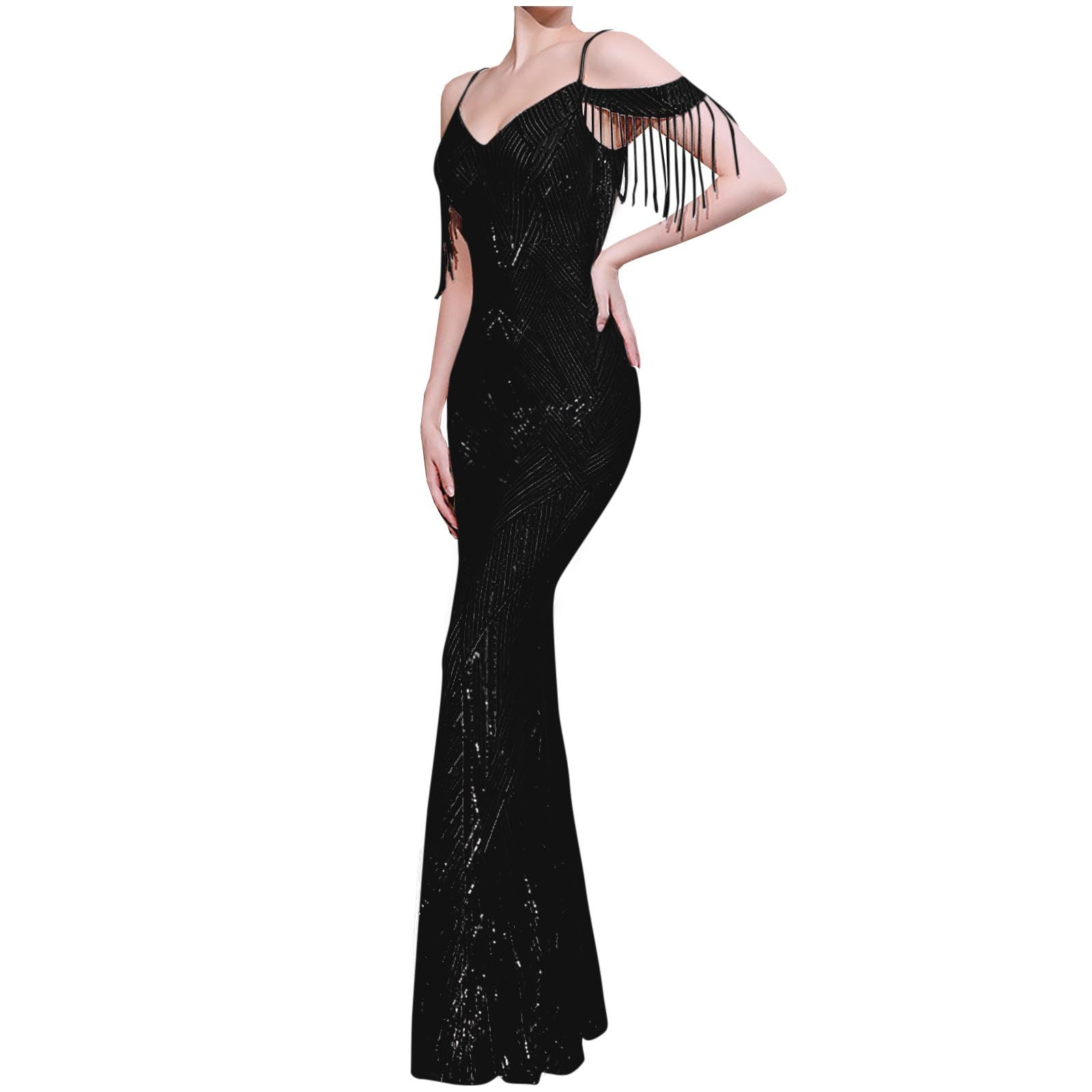 Women's V Neck Sequin Formal Evening Dress Tassel Cold Sleeve Long Gown Retro Party Maxi Mermaid Dress Elegant Dresses for Women Formal S-6 Black XXL