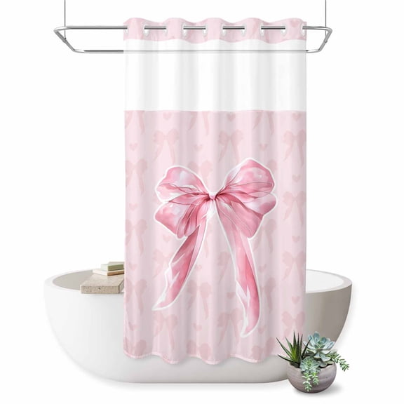 No Hook Shower Curtain, Pink Bow Shower Curtains for Bathroom with See Through Top Window, Cute Watercolor Girls Cartoon Luxury Waterproof & Washable Bath Curtain Stand Up Stall 36"x72"