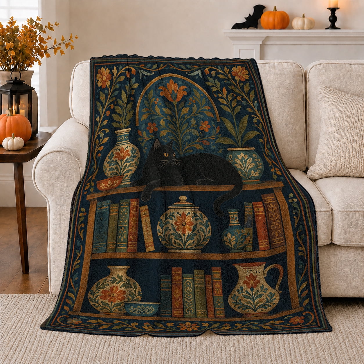 Black Cat Books Whimsical Library Shelf Illustration Cozy Pet Portrait Pattern Warm Flannel Blanket for Living Room and Bedroom Cat Lovers Just Because Gift Pet Lover Home Decor