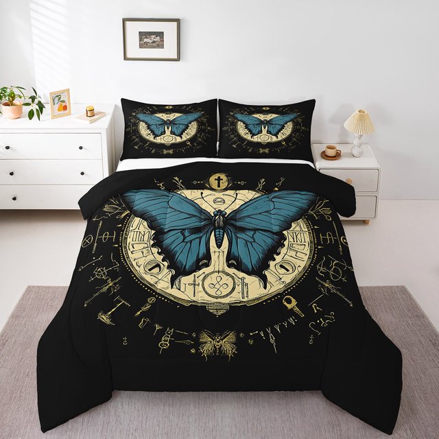 Erosebridal Boho Blue Butterfly Bedding Comforter Set, Hippie Astrology Down Comforter, Reversible 2 Pieces