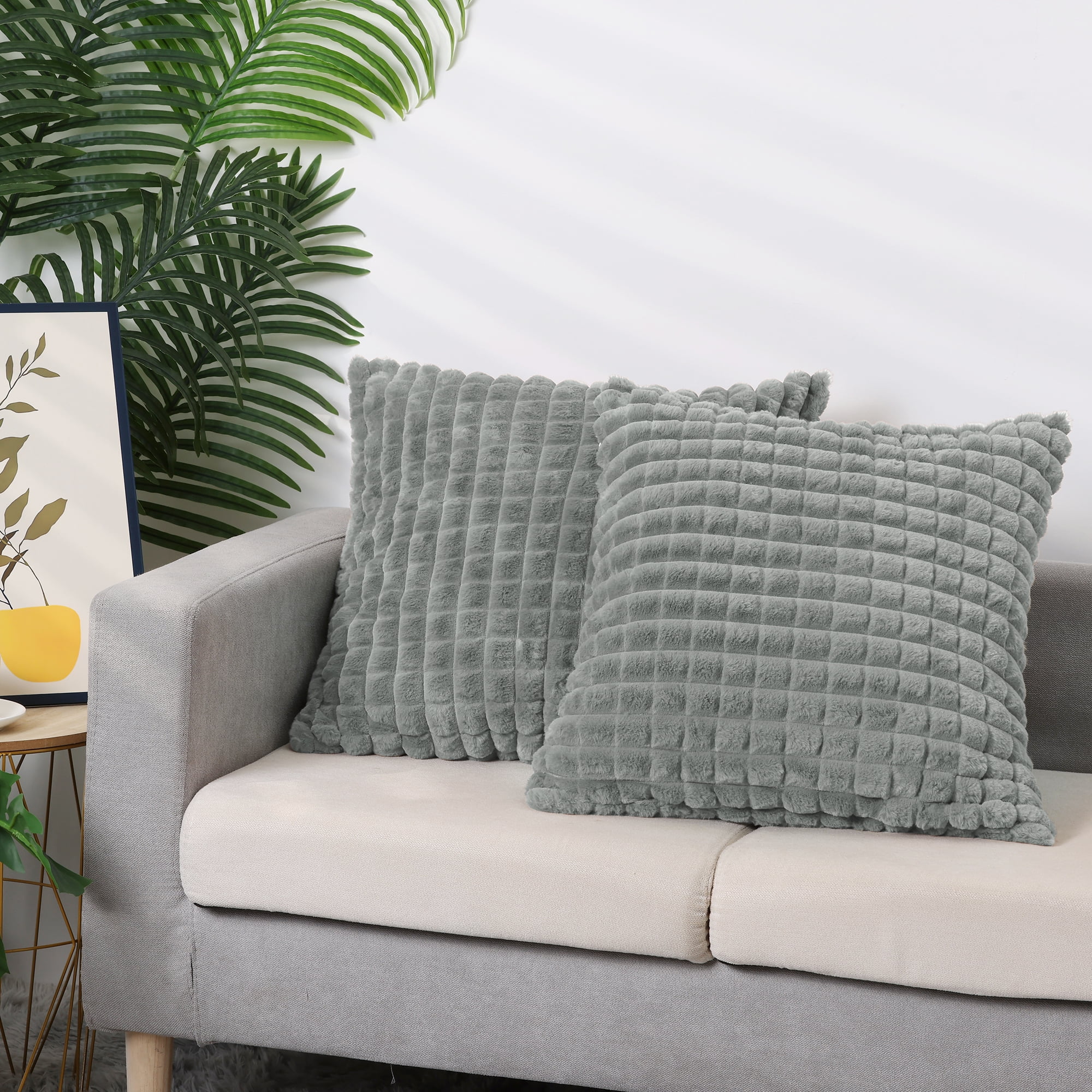 Unique Bargains 4 Pcs Checkered Faux Fur Plush Throw Pillow Covers Home Decor Pillowcases Grey/Brown 20" x 20"