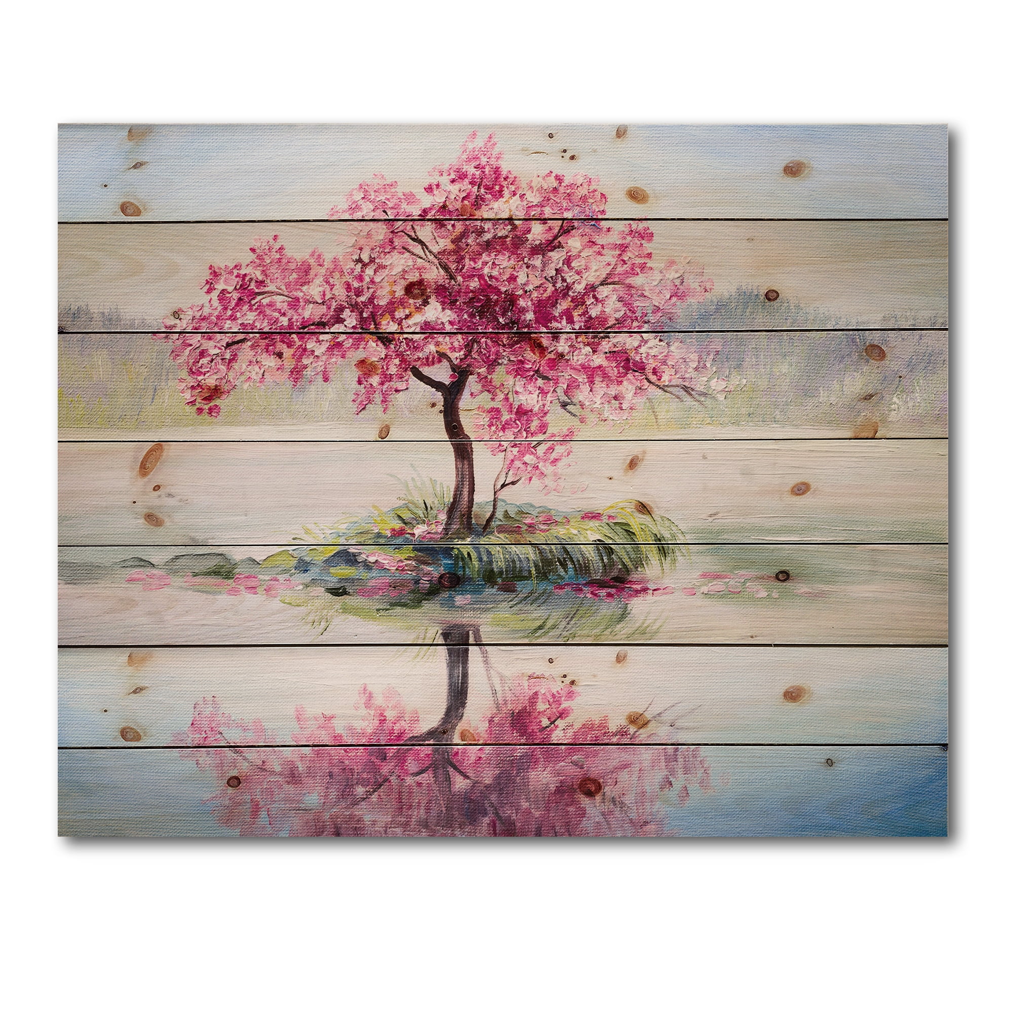Designart 'Oriental Cherry Pink Tree Sakura On The Lake' Lake House Print on Natural Pine Wood