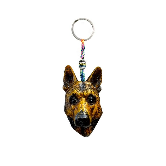 German Shepherd Dog Head Pet Animal 3D Figurine Keychain Multicolored Macramé Metal Ring - Handmade Gifts Boho Car Keys Bag Accessories