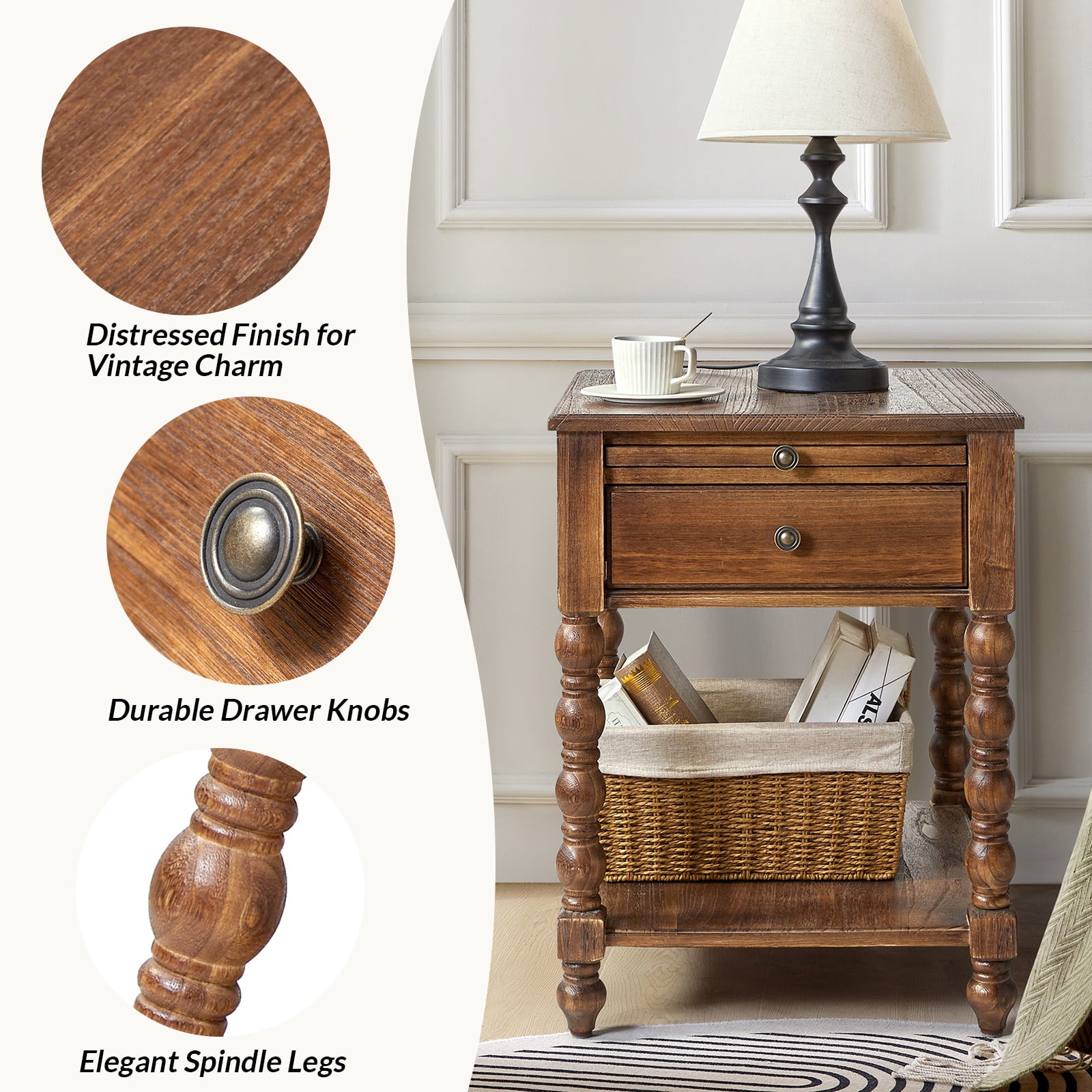 26" Modern End Table Solid Wood Set of 2 with Drawer and Charging Station for Living Room Walnut