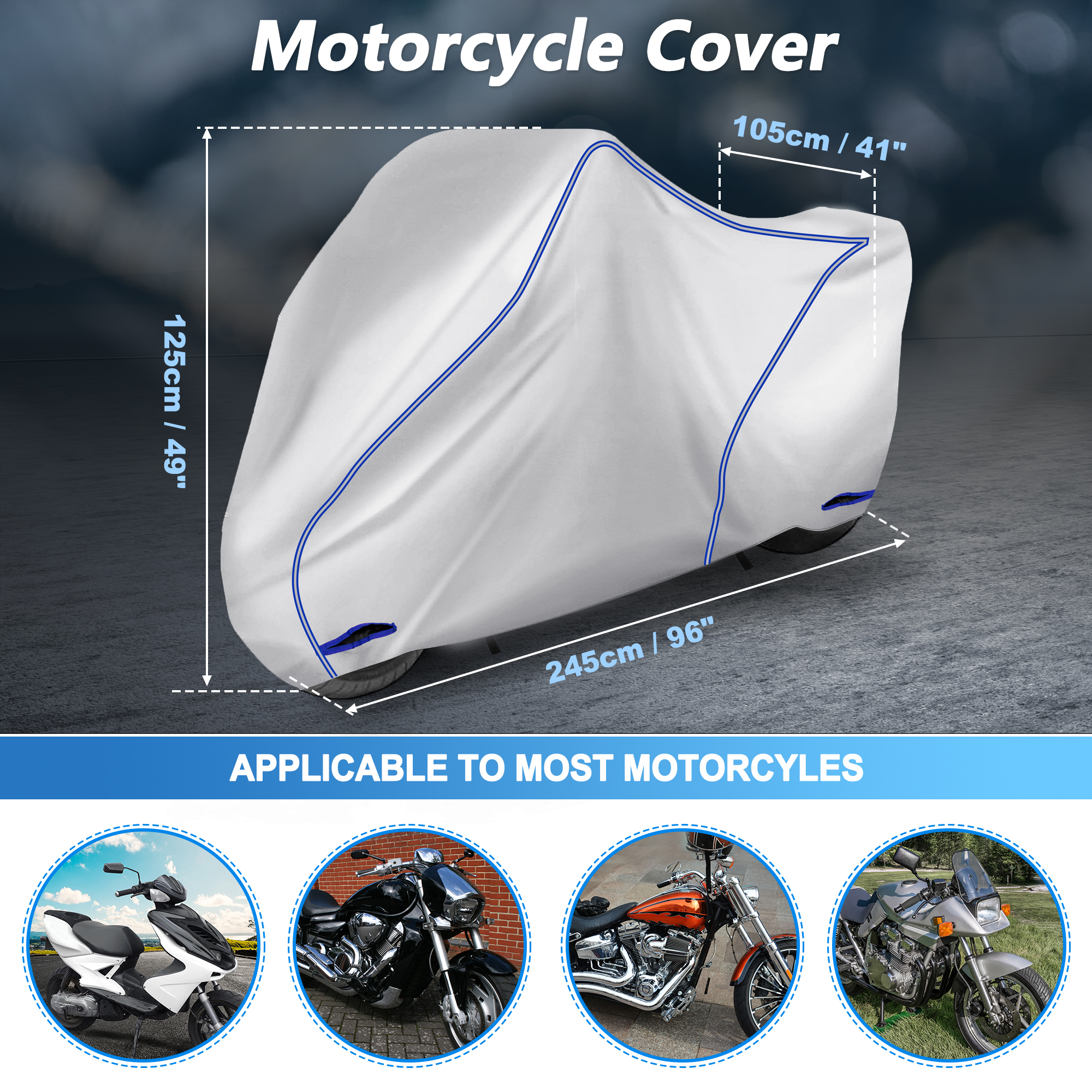 Universal Motorcycle Cover Rain Dust Protector Lightweight Fabric Waterproof Scooter Cover Motorbike Cover with Lock-Hole All Weather Protection  Fits Up to 245cm/96"
