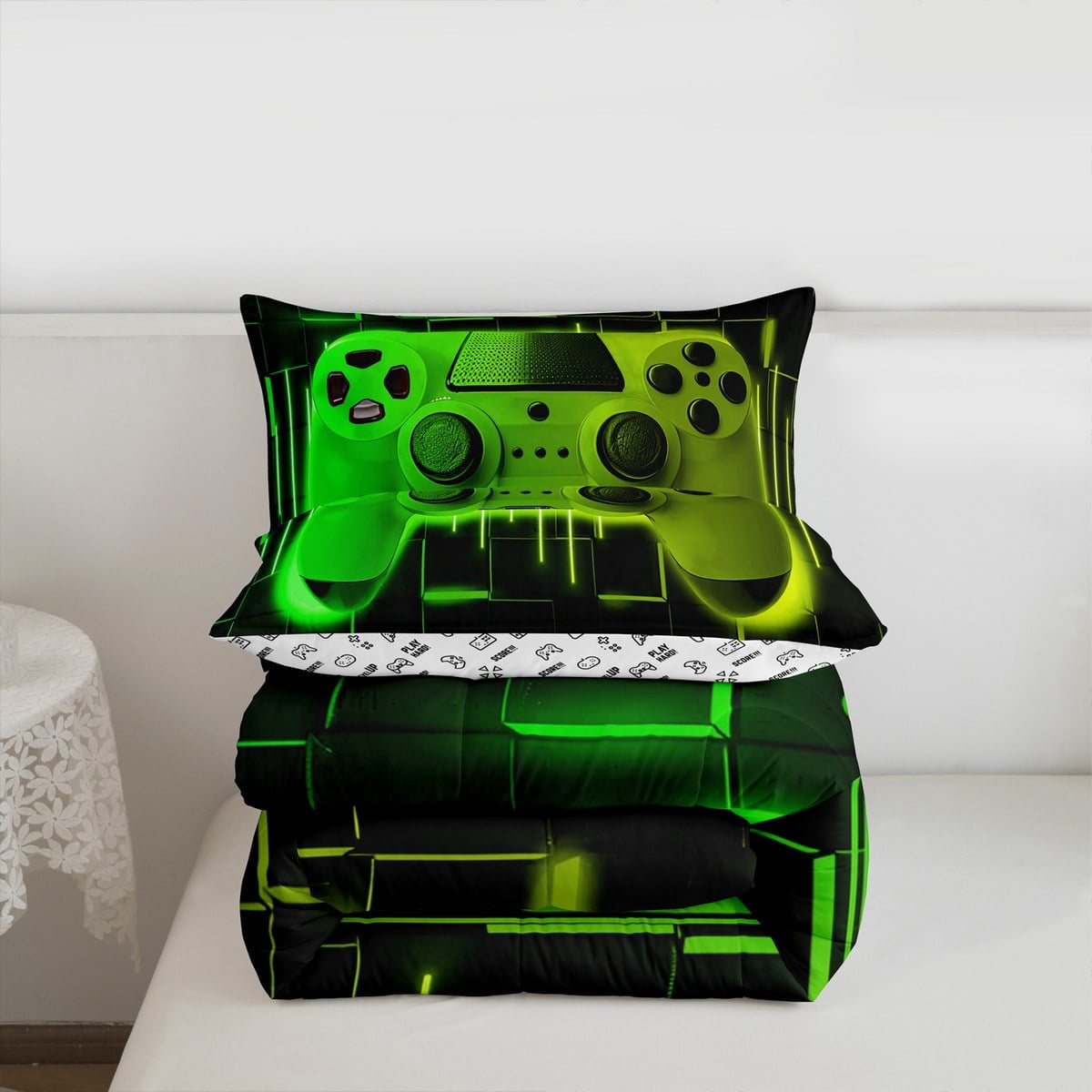 Green Yellow Gaming Full Size Comforter Sets - Gamer Comforter Full Size Bedding Set, Neon Lights Abstract Geometry Design Gamer Room Decor