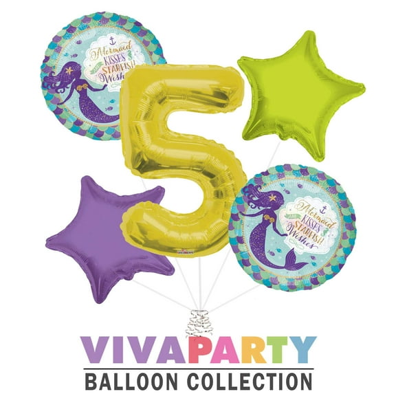 Mermaid Kisses and Starfish Wishes Round Balloon Bouquet 5 pc, 5th Birthday, Gold Number 5 Jumbo Balloon | Viva Party Balloon Collection
