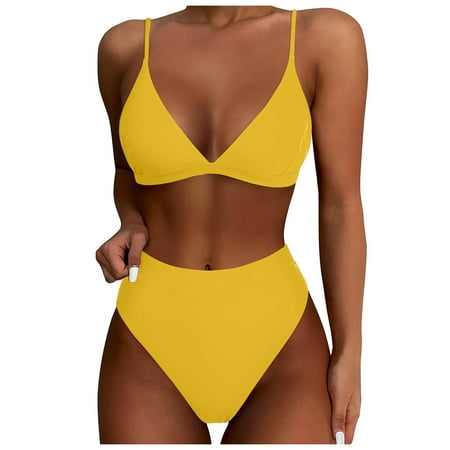 Gubotare Women Push-up Padded Bra Bikini Set Triangle Swimwear Swimsuit Bathing Beachwear Yellow XL