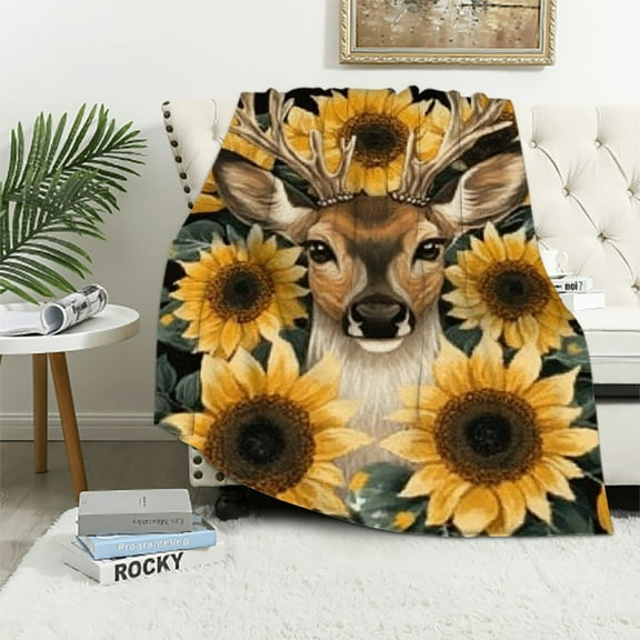 Patifu Deer Sunflowers Leaves Warm Lightweight Soft Fleece Blanket, All Seasons Throw Blanket for Living Rooms Sofa Decor Cow Gifts, Ideal for Bed 40x50in