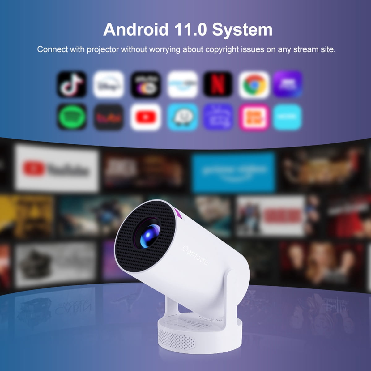 Oamodu HD Mini Projector with Android 11, 4K Supported, 180° Rotatable, Portable for Home Use, Ideal for Movies and Everyday Entertainment