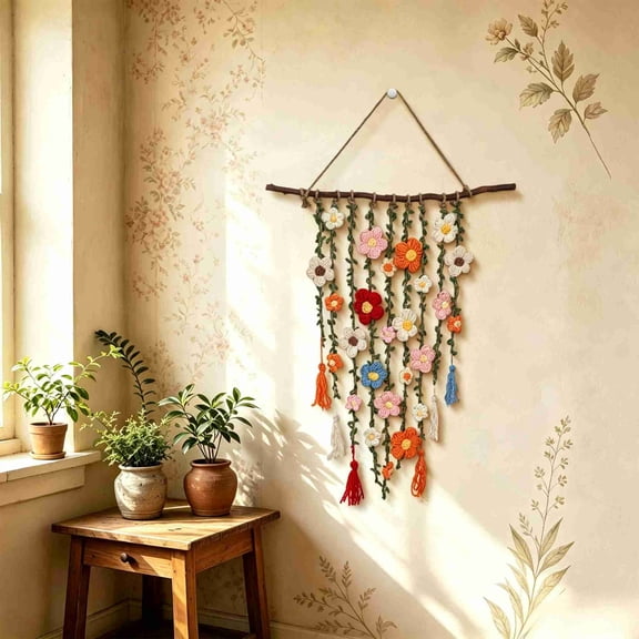 Bohemian Crochet Flower Wall Hanging Decoration Handmade with Sustainable Materials for Living Room Bedroom and Cafe Boho Home Decor