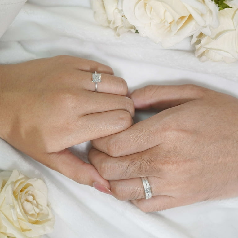 JeenMata His Hers Couple Ring Set 1.6 Carat Princess Cut Moissanite Matching Promise Rings for Couples 18K White Gold over Silver Walmart