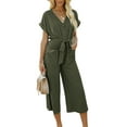 thumbnail image 2 of Women Cropped Jumpsuit, Short Sleeve V-neck Button Closure Waist Tie Solid Pants with Pockets, 2 of 5