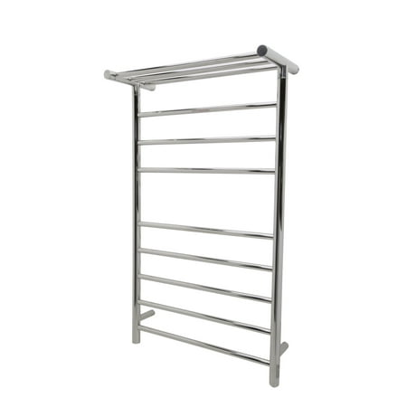 anzzi eve modern 8-bar wall mounted towel warmer with top shelf in chrome | energy efficient 93w electric plug in heated towel rack for bathroom | steel towel heater rail with on/off switch |