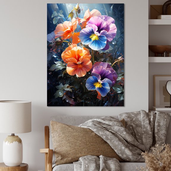 Designart "Serene Pansy Blooms in Orange & Blue" Floral Canvas Wall Art - Traditional Orange Pansies Hallway Wall Art Decor