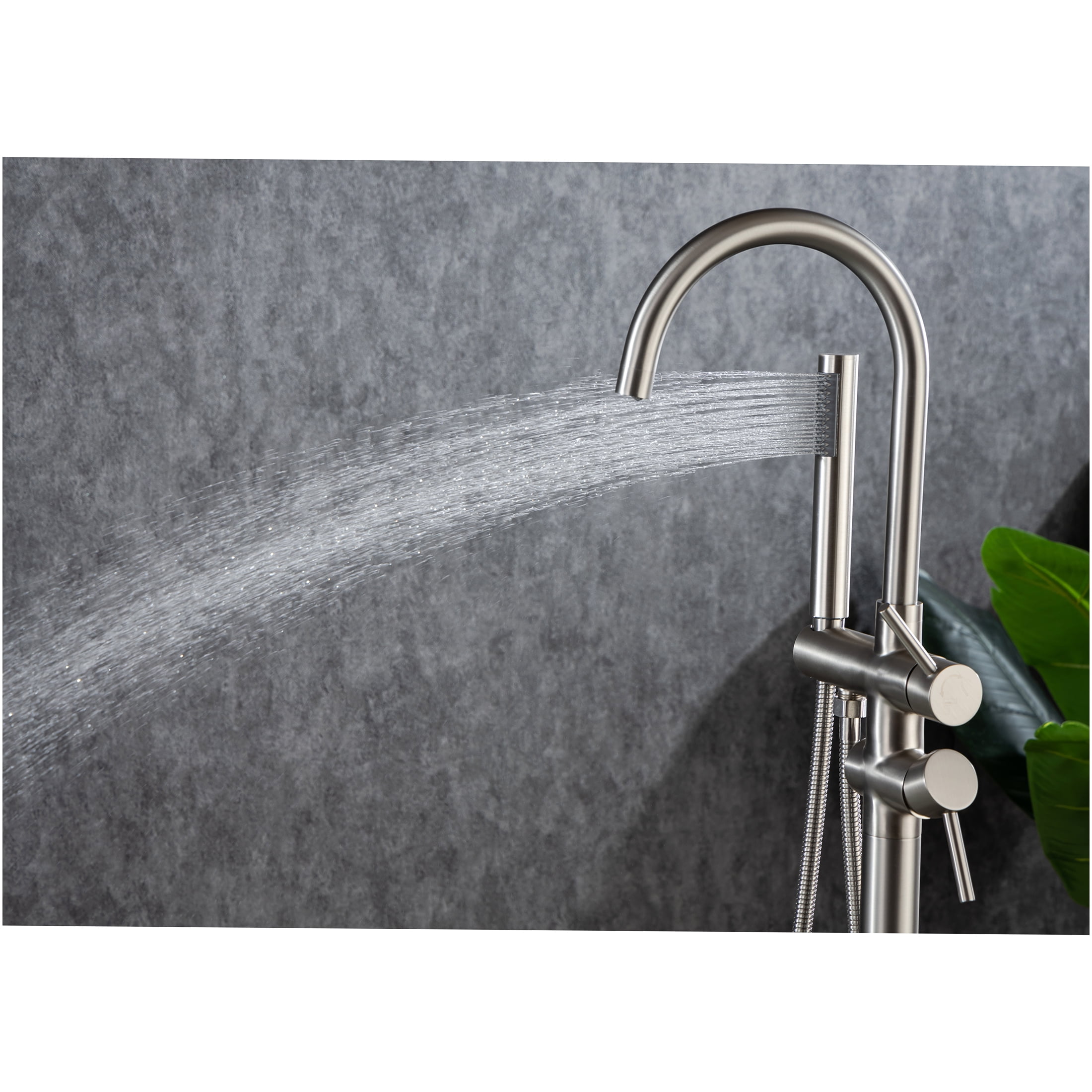 JERFIT Floor Mounted Single Handle Freestanding Tub Filler with Hand Shower, Brushed Nickel Stainless Steel Bathtub Faucet