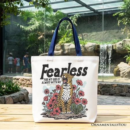 Vintage Floral Leopard Christian Canvas Tote Bag, Fearless For My God Is Always With Me Isaiah 41:10 Gift Shopper