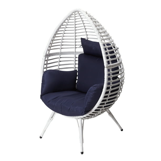 Teamson Home Wicker Coastal Boho Teardrop Patio Egg Chair with Cushions, White/Navy Blue 