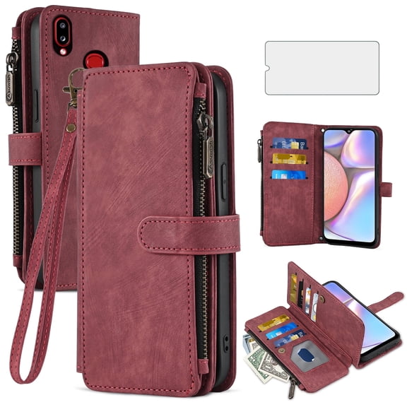 Asuwish Kickstand Hard Shell Wallet Cell Phone Case with Tempered Glass Screen Protector for Samsung Galaxy A10S/A01S/M10S, Red