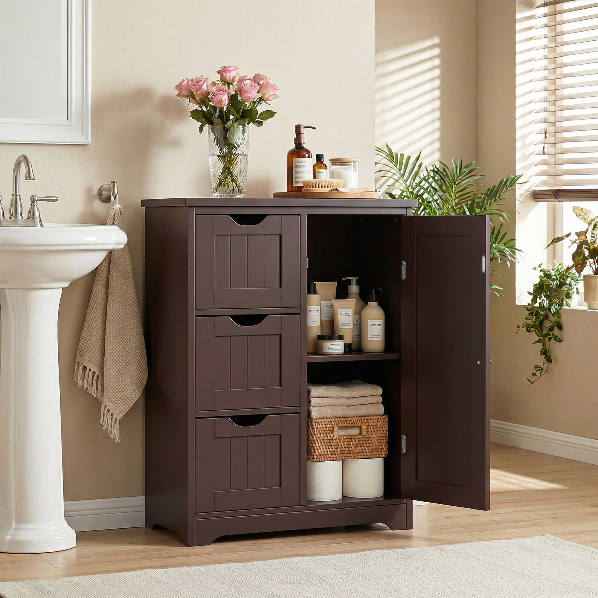 ZENSTYLE Bathroom Cabinet 3 Drawers Storage Organizer Floor Cupboard Home Decor Brown