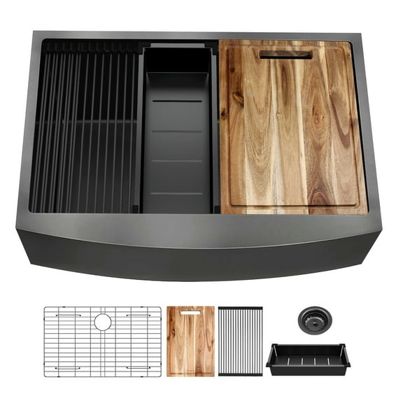 33 inch Farmhouse Workstation Kitchen Sink, Handmade Modern Apron-front Single Bowl Farm Kitchen Sink with Integrated Ledge and Accessories