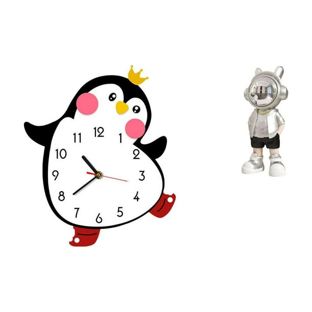 Reloj de pared,Reloj de pared silencioso y decorativo que no hace tictac,Reloj de pared silencioso de pingüino pequeño Reloj de madera,Figura de escritorio,Estante con estatua de astronauta