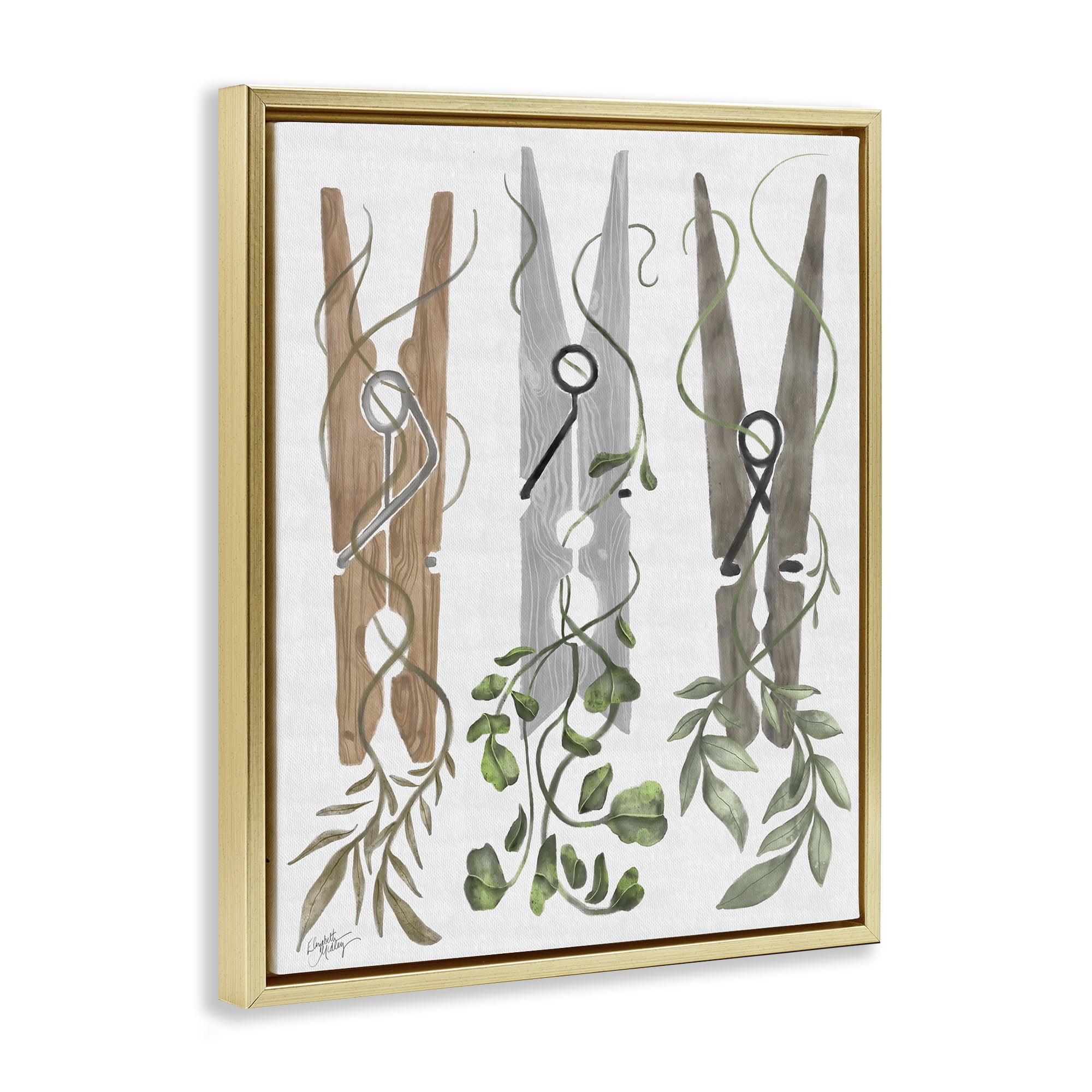 Stupell Industries Ivy Wrapped Clothespins Gold Framed Floater Canvas Wall Art, design by Elizabeth Medley