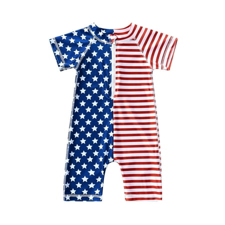 

Qtinghua Toddler Baby Boy 4th of July Swimwear One Piece Star & Striped Print Short Sleeve Zipper Bathing Suit Red Blue 4-5 Years