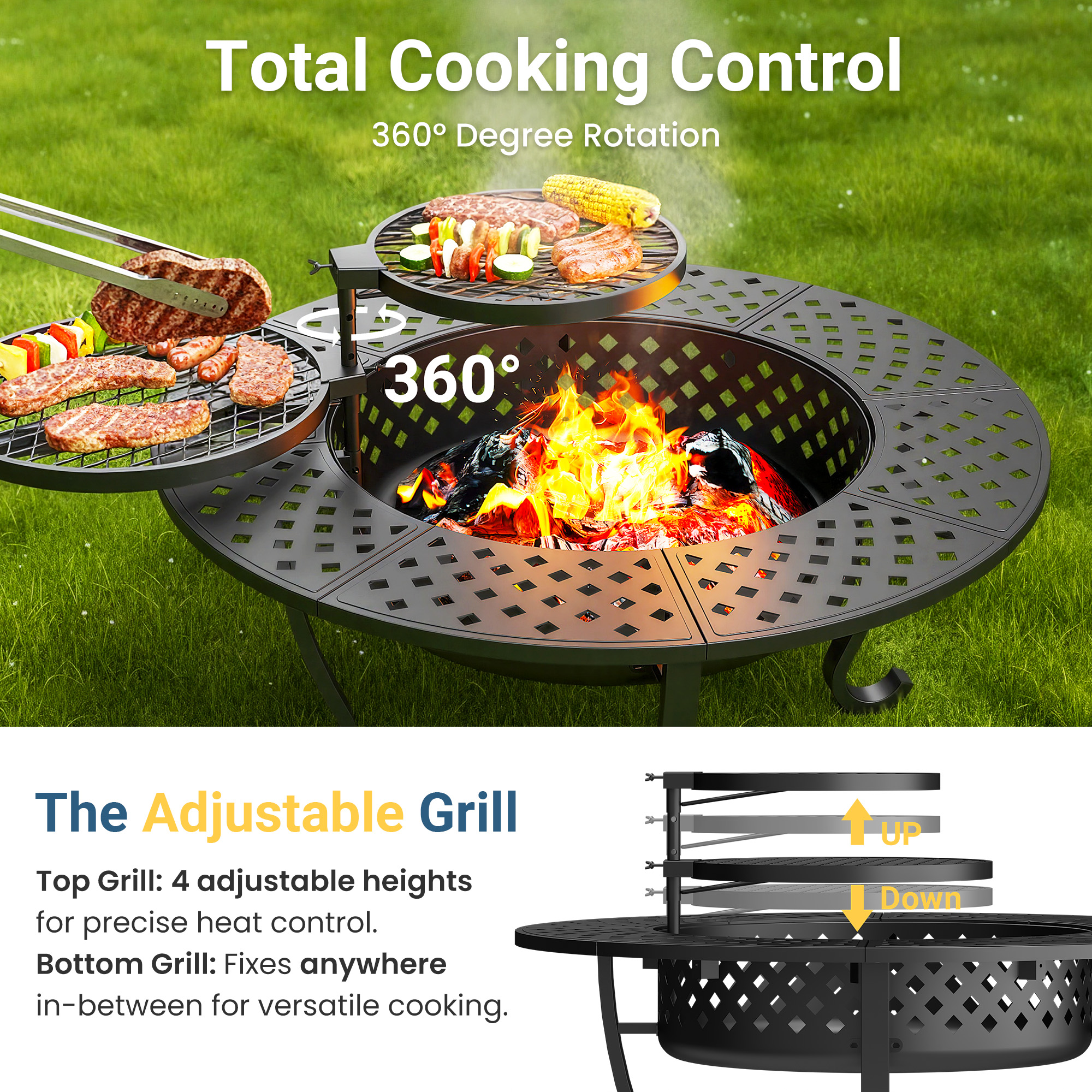May in Color 43'' Fire Pit with 2 Grills, Outdoor Wood Burning Fireplace with Lid and Fire Poker, BBQ & Bonfire & Round Metal Table 3 in 1 for Patio, Backyard, Garden, Black