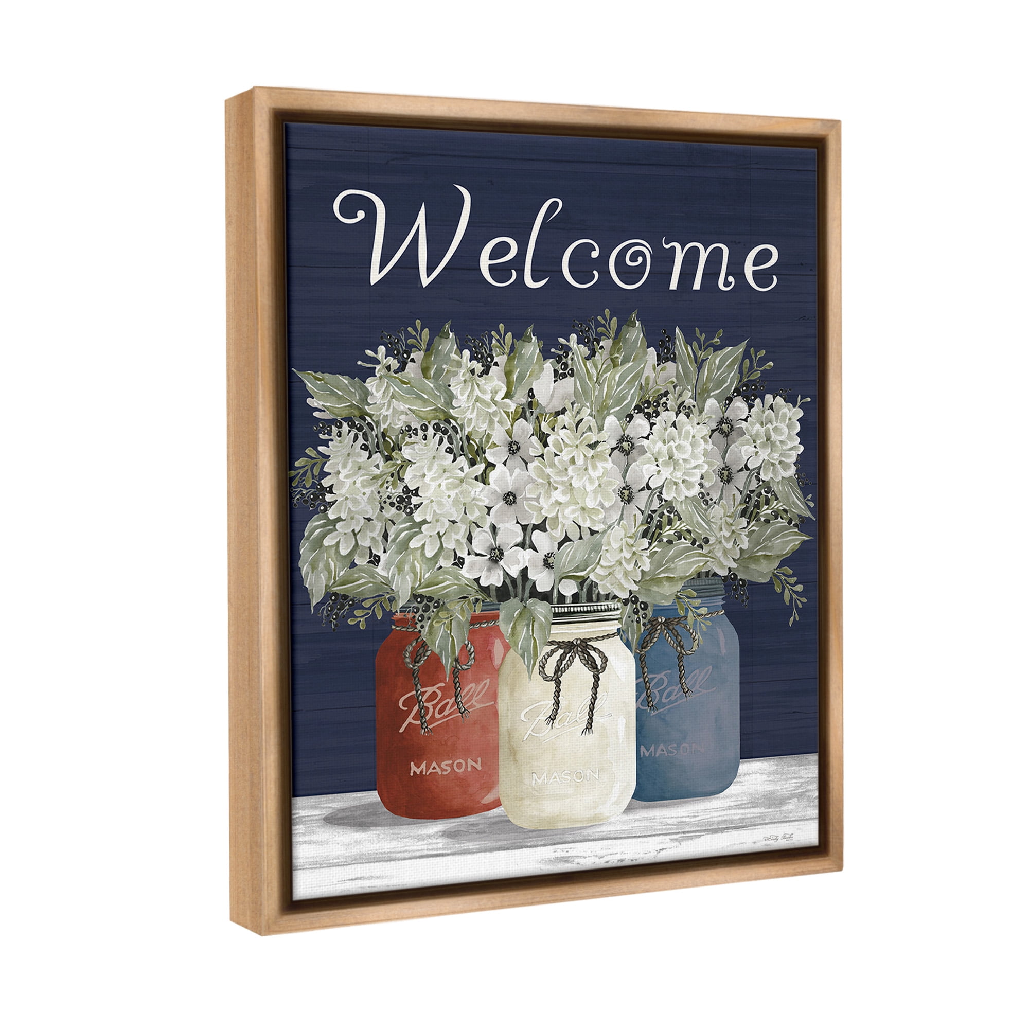 Stupell Industries Welcome with Country Herbs Botanical & Floral Painting Brown Floater Framed Canvas Art Print Wall Art, 25 x 31