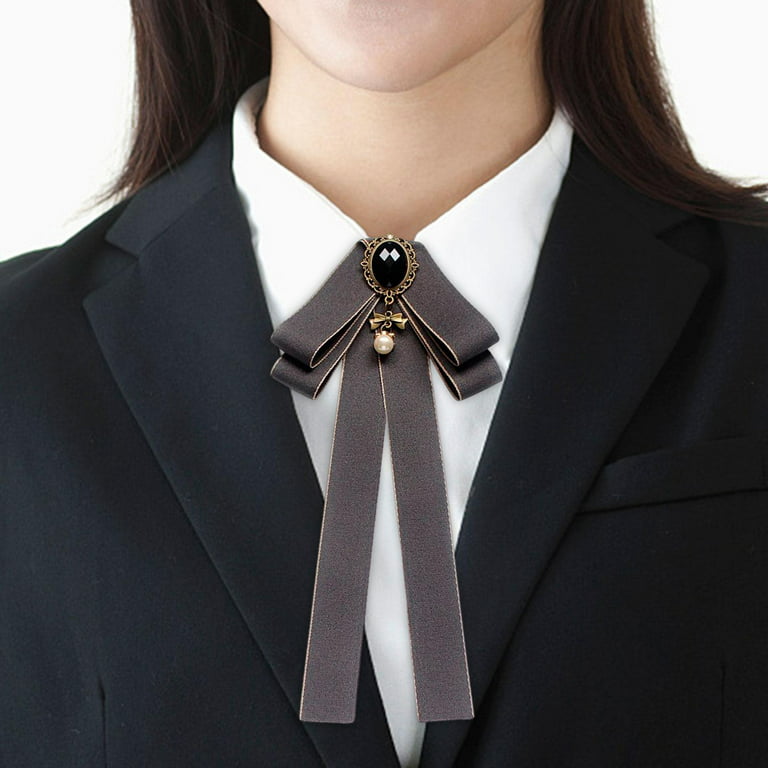 Ribbon Bow Tie Brooch Bowknot Brooch Pin Bowties Elegant Bead Decorative  Jabot Neck Tie Pre Tied Ties for Women Shirt Wedding Lady Daily Use Gray