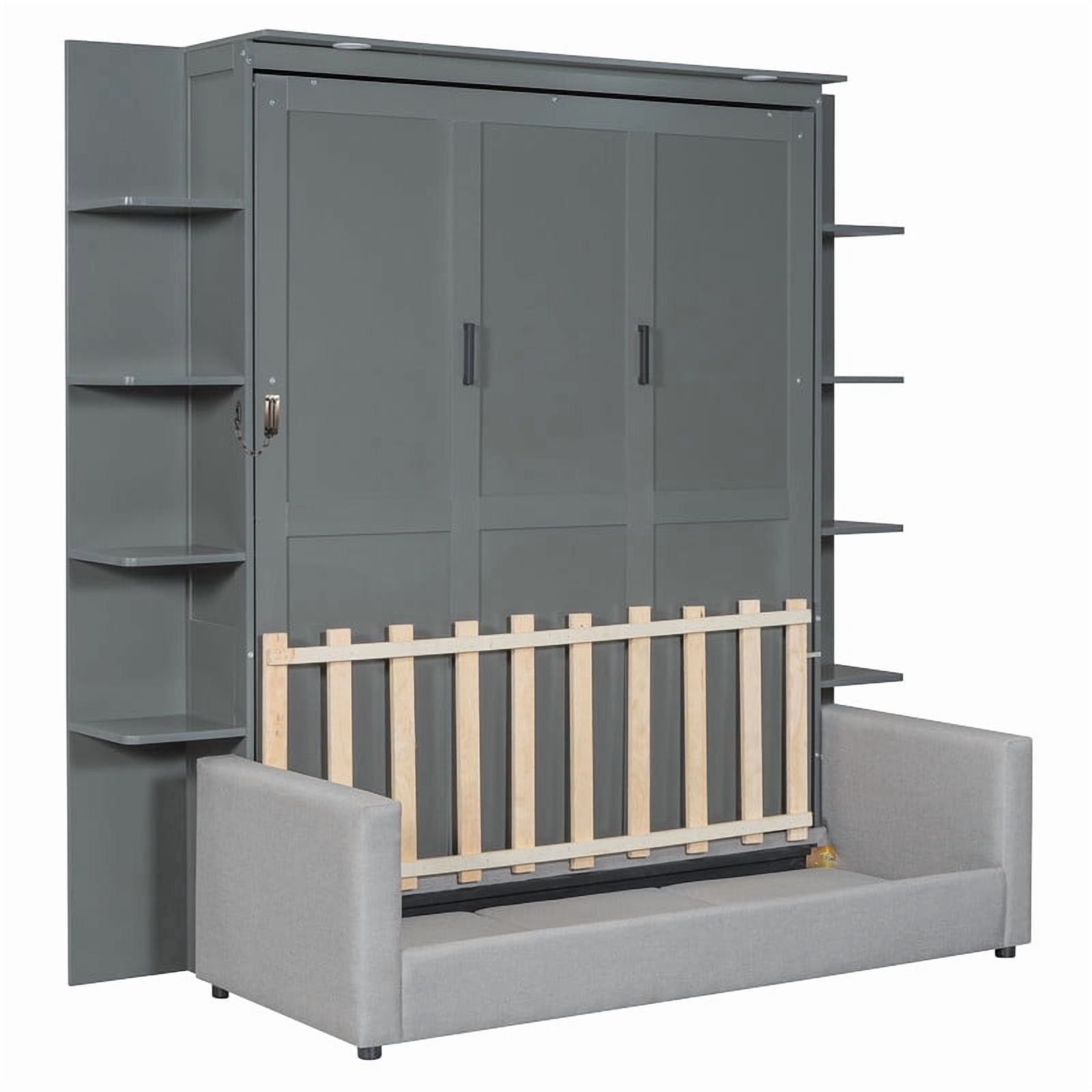 Queen Size Murphy Bed with Sofa, Wooden Wall Bed with Storage Shelves, Folding Platform Bed with Built-in LED Spotlights