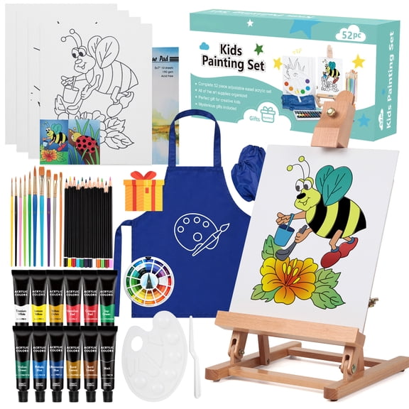 Kids Acrylic Painting Starter Kit with Table Easel, 52-Piece Art Set Including Paints, Brushes, Canvas Panels and Art Smock for Beginners