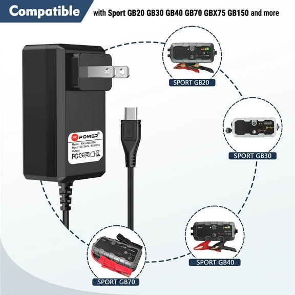 PKPOWER AC DC Adapter For Sport GB20 GB30 GB40 GB70 GBX75 GB150 GBX155 Battery Jump Starter Replacement Power Supply Adapter Charging Cord