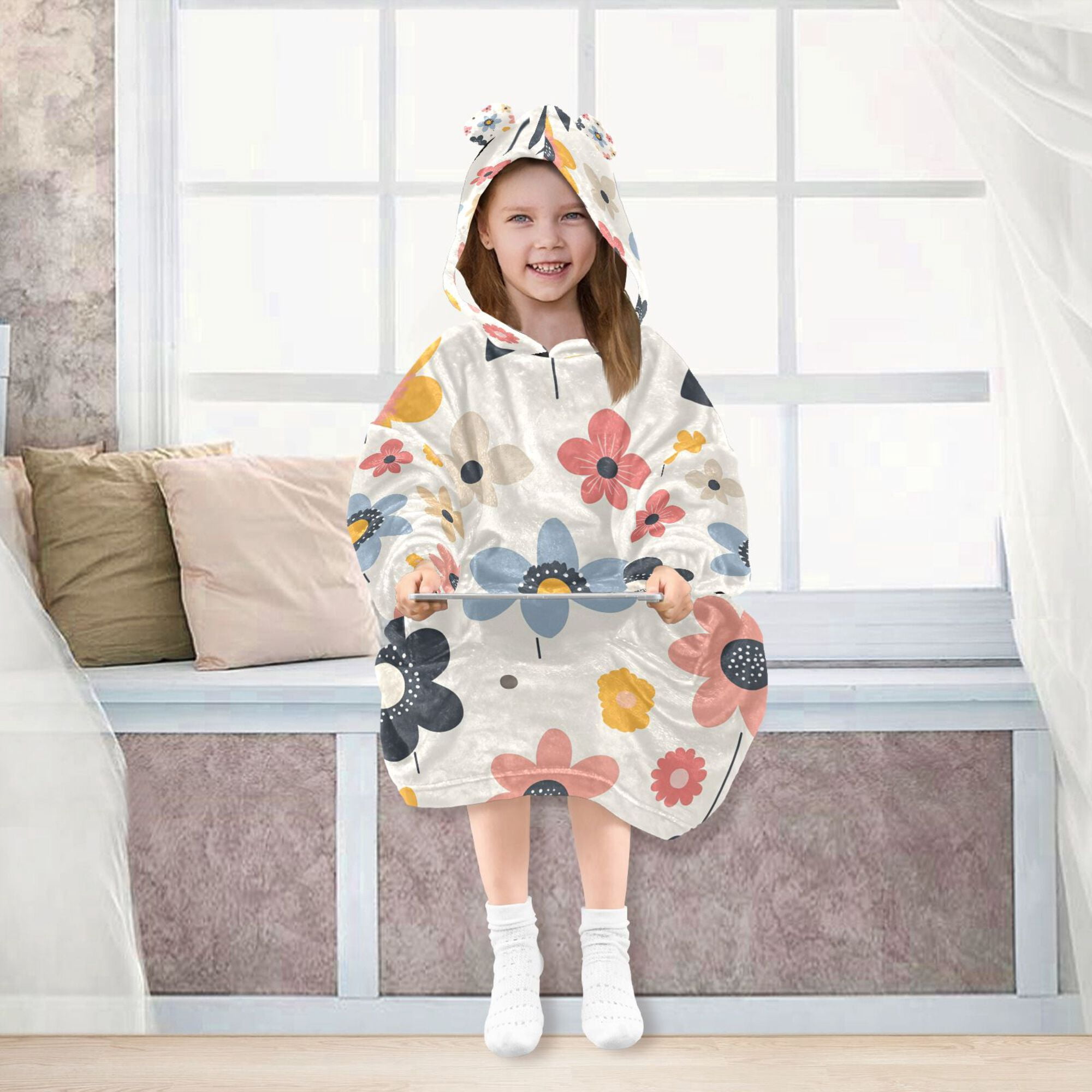 FORMRS Wearable Blanket Hoodie with Sleeves for Kids Cozy Flannel Sweatshirt, Beige Retro Flower