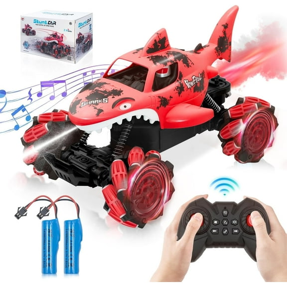 Shark Remote Control Cars for Boys 2.4GHz Water Shooting RC Cars with Light & Spray 360 Flips Rotating Monster Truck Toys for Kids Adults Gifts (Red)