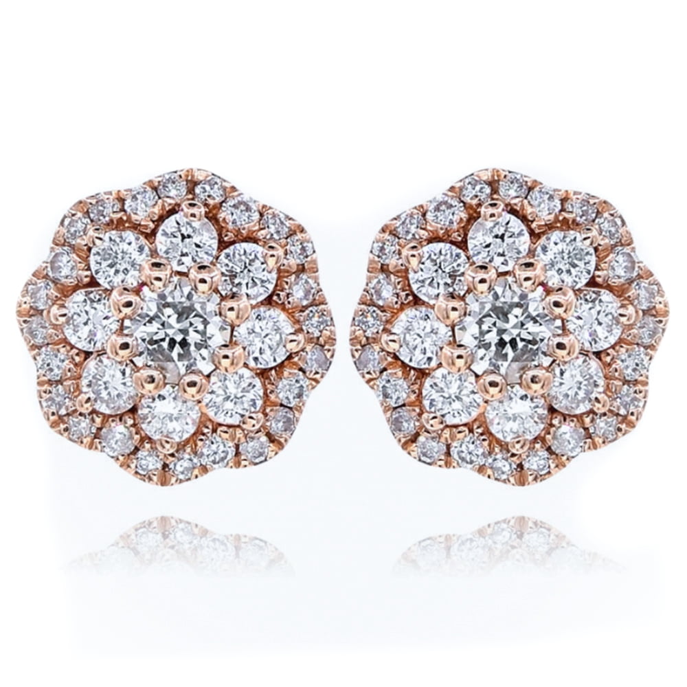 Pink Rose Gold Plated 925 Sterling Silver Screw Back Post Iced CZ Circle Flower Cluster Round Hip Hop Stud Earrings