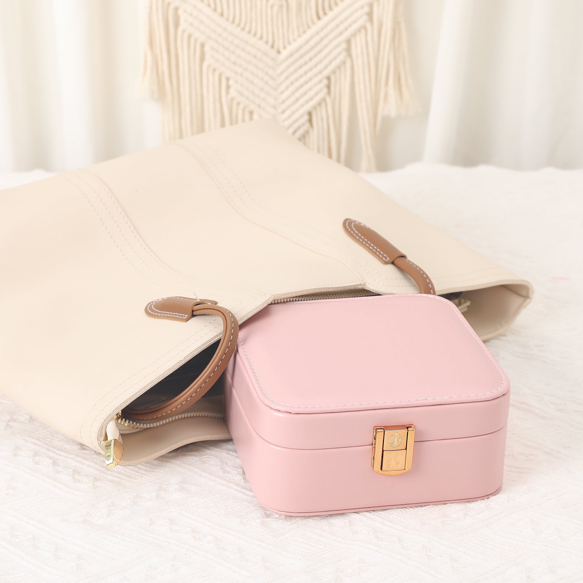 Unique Bargains PU Leather Jewelry Box Jewelry Organizer with Mirror Pink