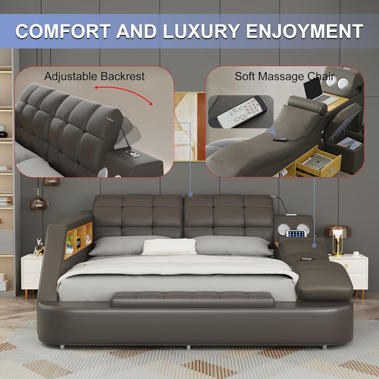 Queen Size Multifunctional Bed Frame, Upholstered Storage Platform with Right-Side Massage Recliner, Music Speaker, USB Charging Station