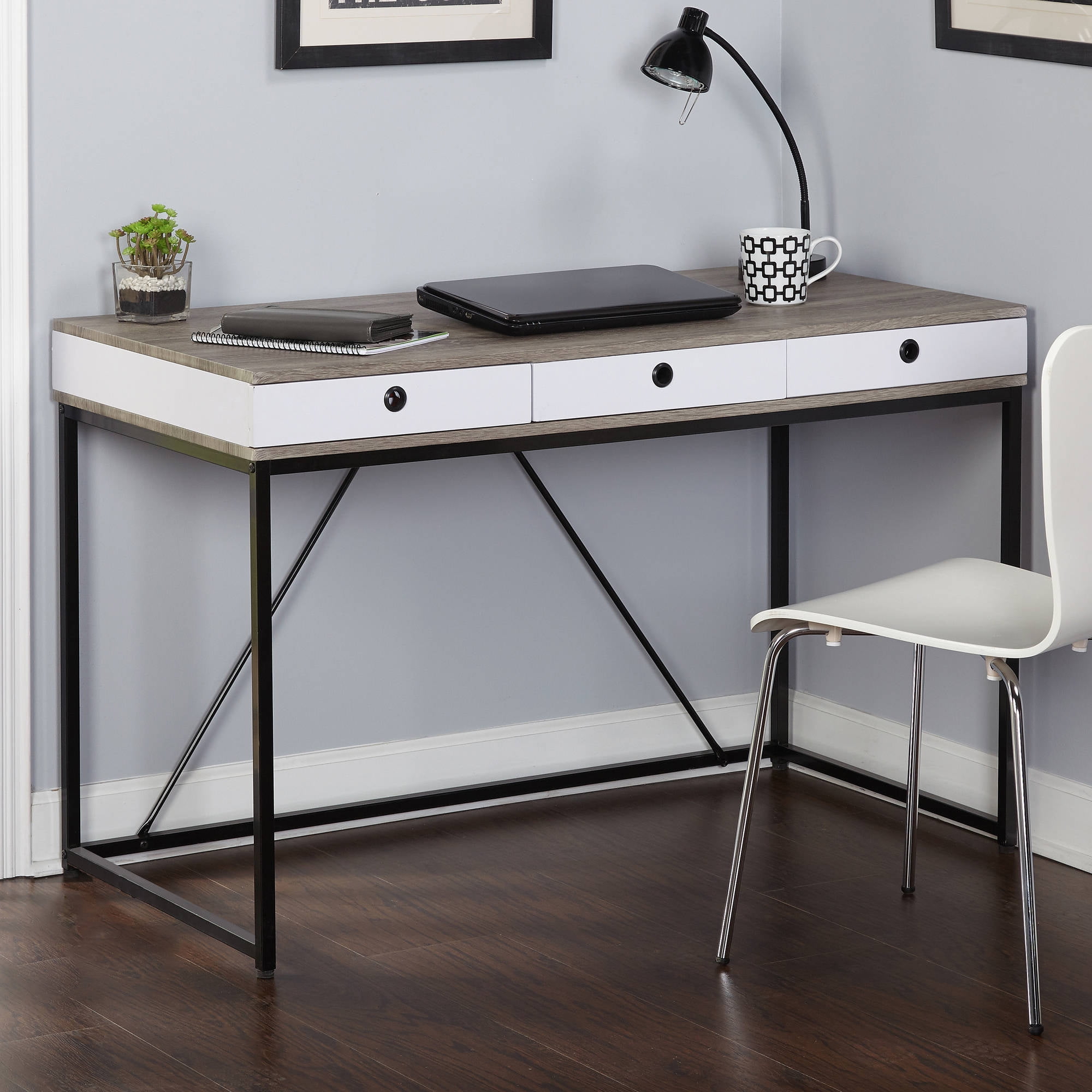 Chelsea Desk With 3 Drawers Black Gray White Walmart Com